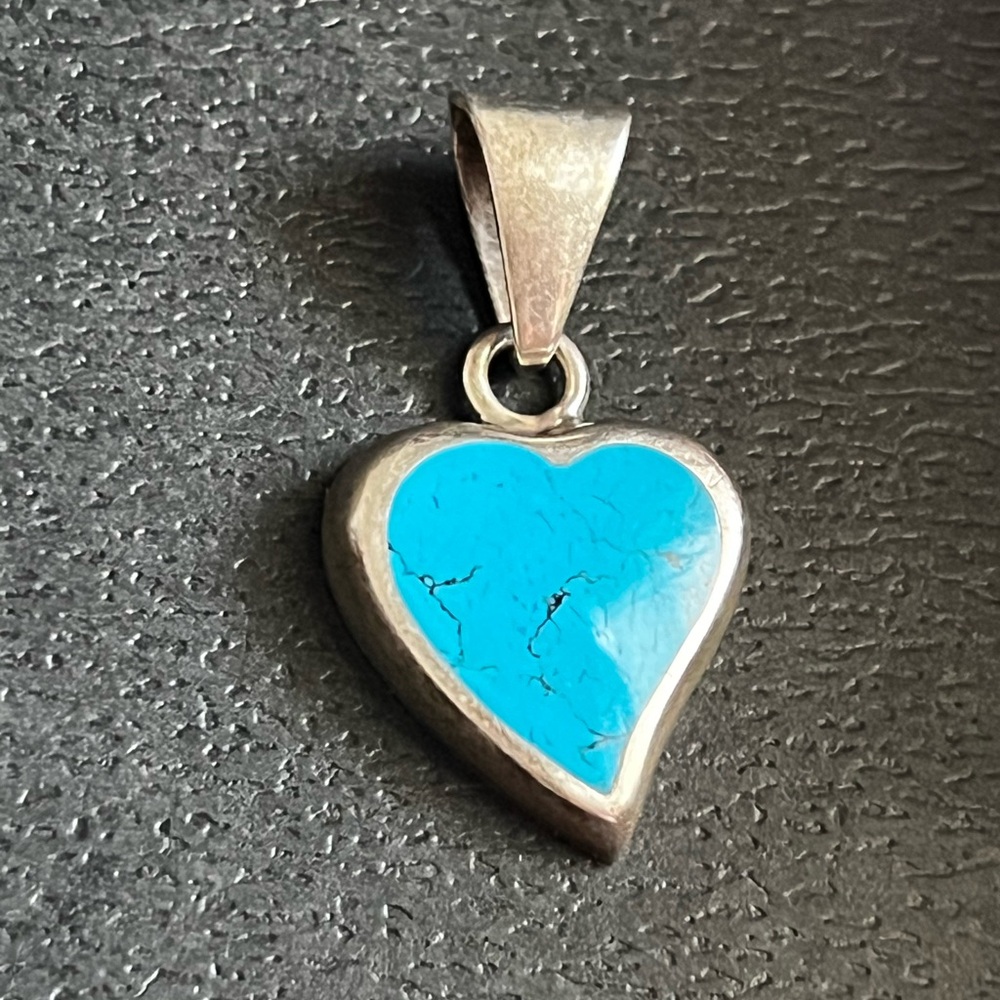 Sterling Silver 925 Turquoise Inlay Heart Pendant for Necklace Necklace - Picture 3 of 5